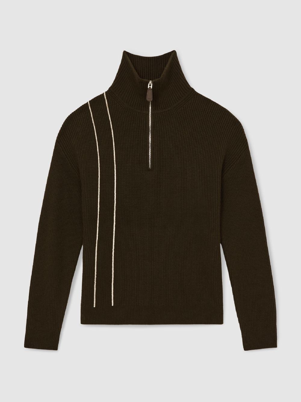 Reiss Rib-Knit Stitch-Detail Half-Zip Jumper With Wool In Dark Olive Green