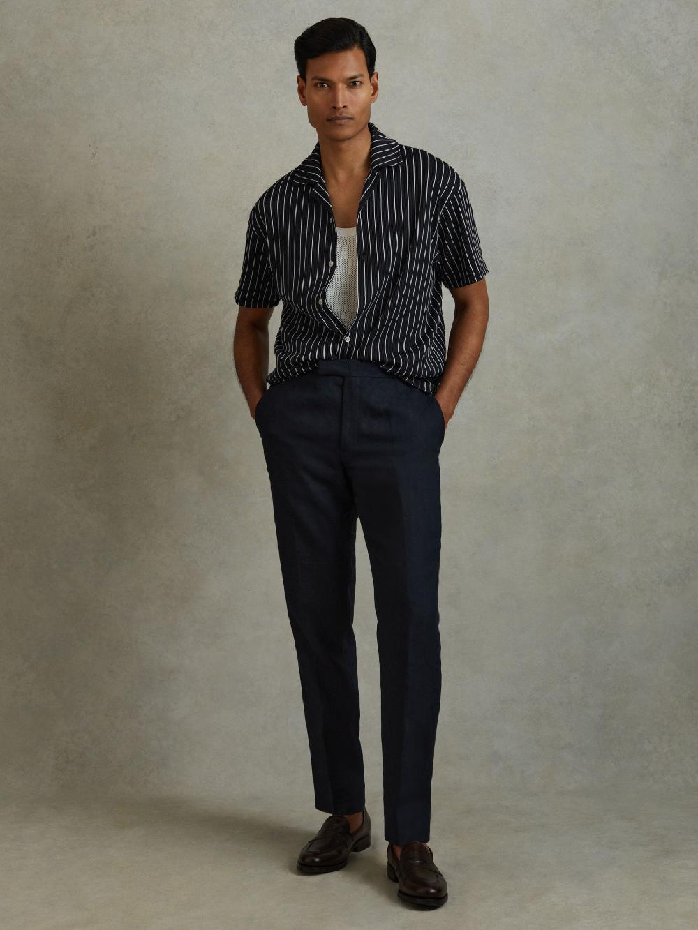 Reiss Ribbed Striped Cuban Collar Shirt In Navy/White