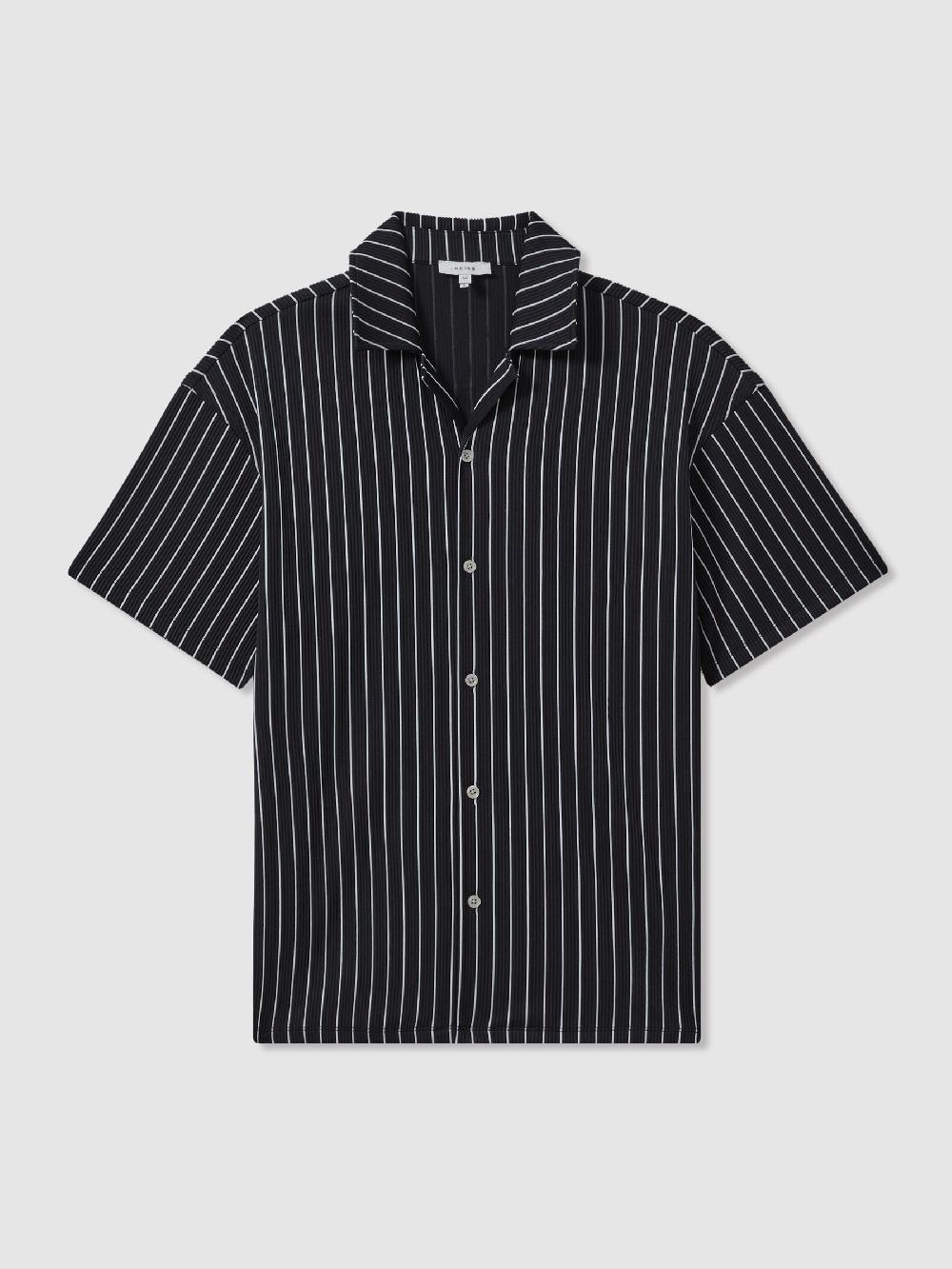 Reiss Ribbed Striped Cuban Collar Shirt In Navy/White