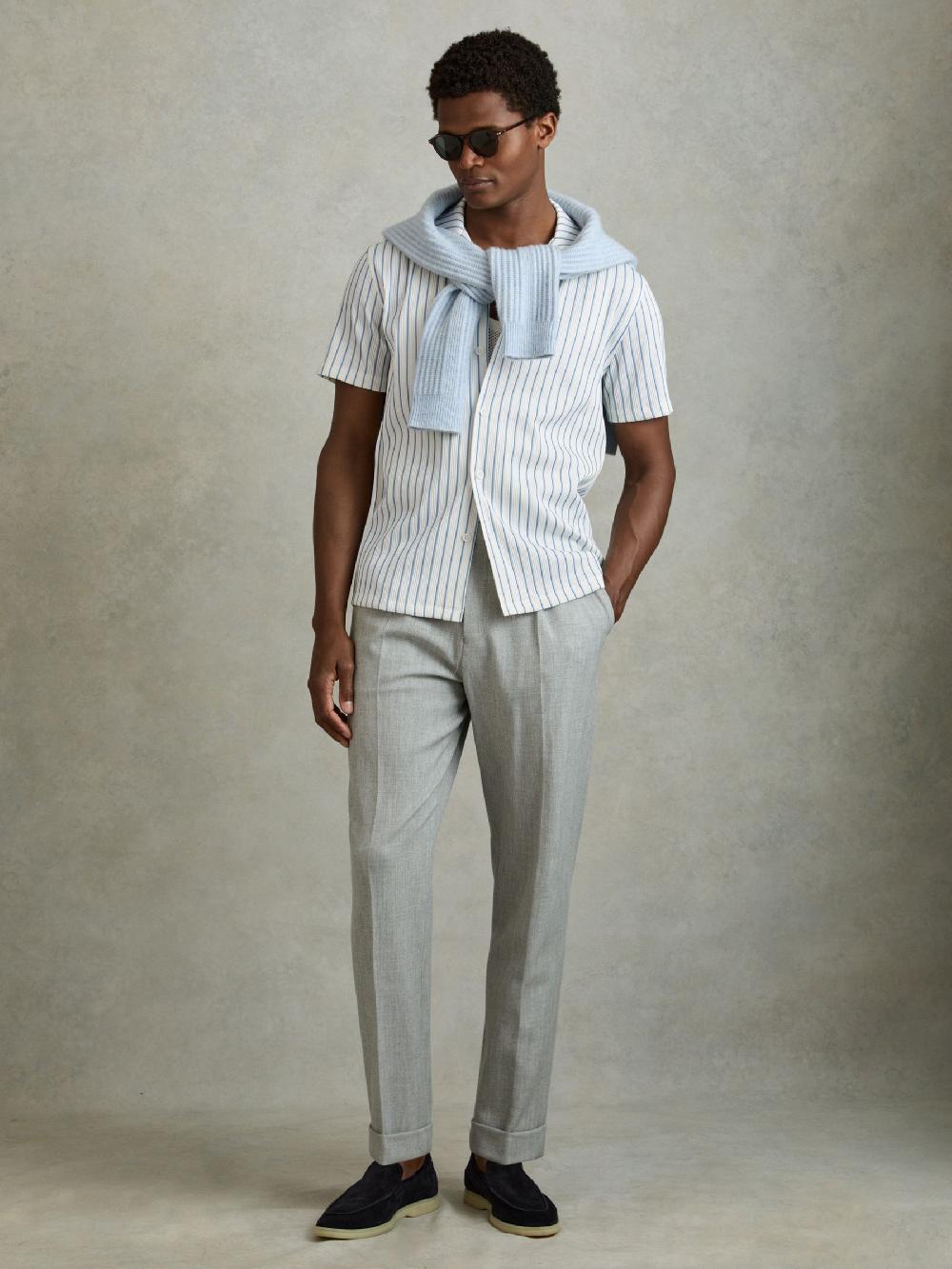 Reiss Ribbed Striped Cuban Collar Shirt In White/Soft Blue