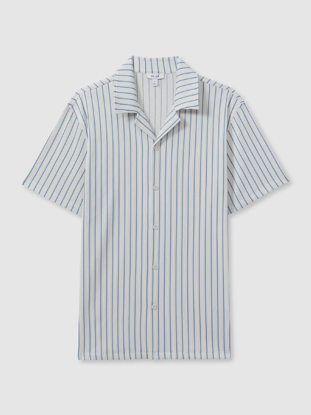 Reiss Ribbed Striped Cuban Collar Shirt In White/Soft Blue