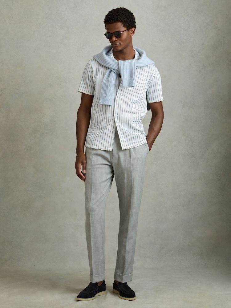 reiss Ribbed Striped Cuban Collar Shirt in White/Soft Blue