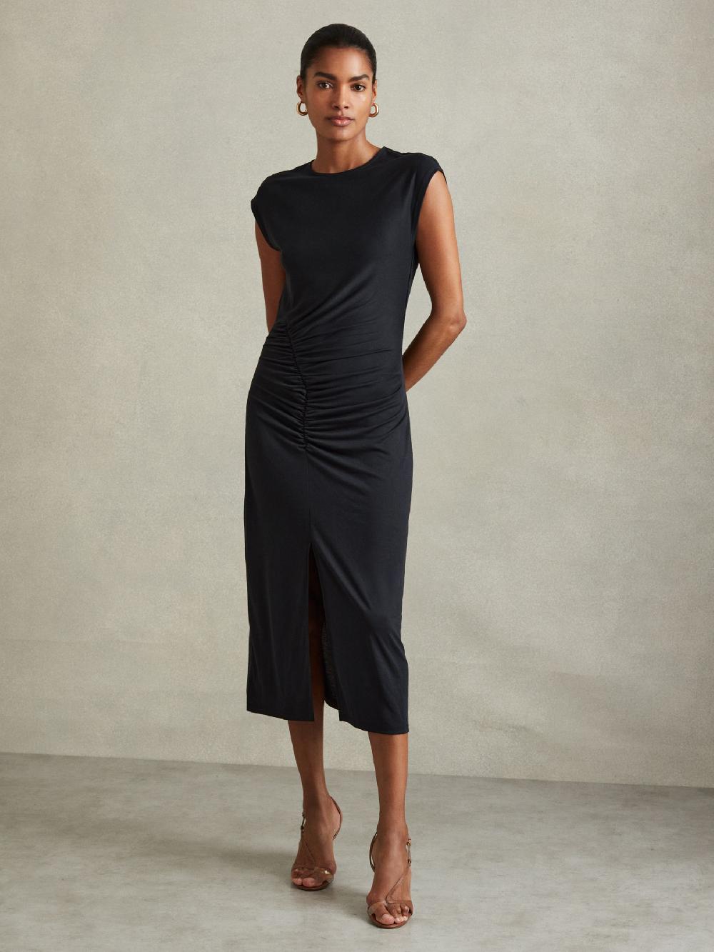 Reiss Ruche Front Capped Sleeve Jersey Midi Dress In Charcoal
