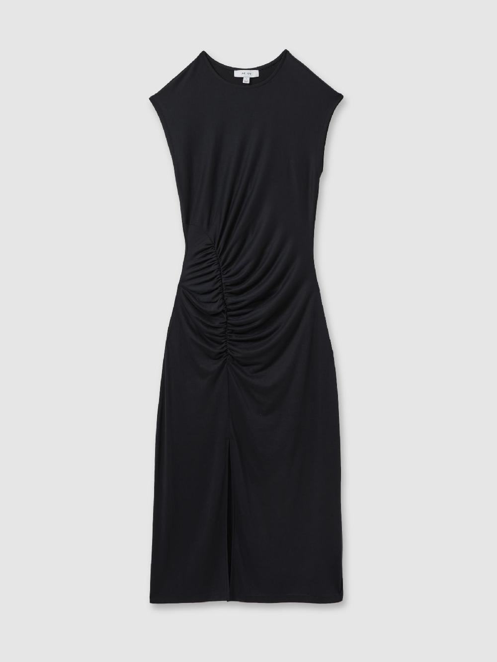 Reiss Ruche Front Capped Sleeve Jersey Midi Dress In Charcoal