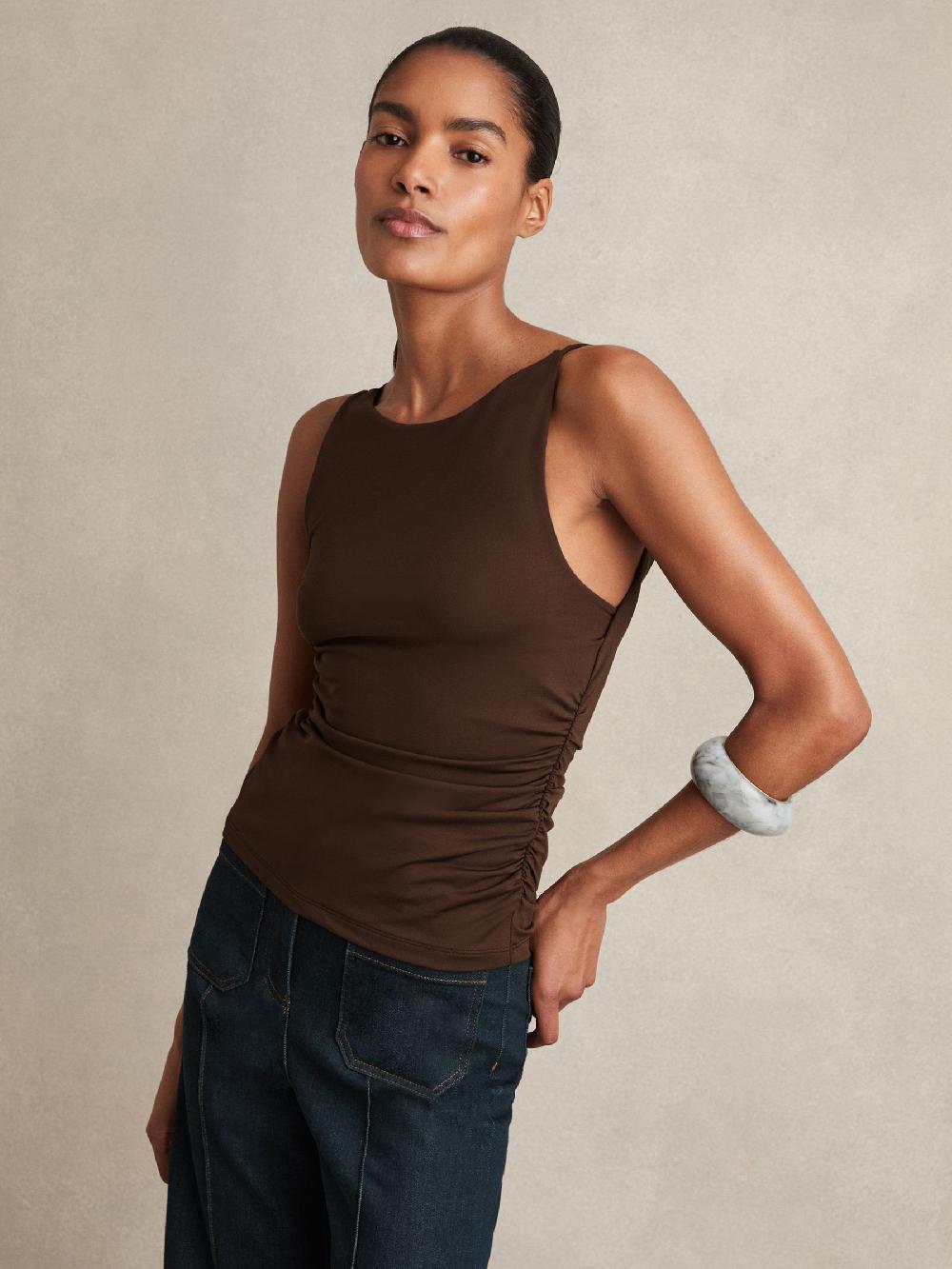 Reiss Ruched Jersey Cowl Back Vest In Chocolate Brown