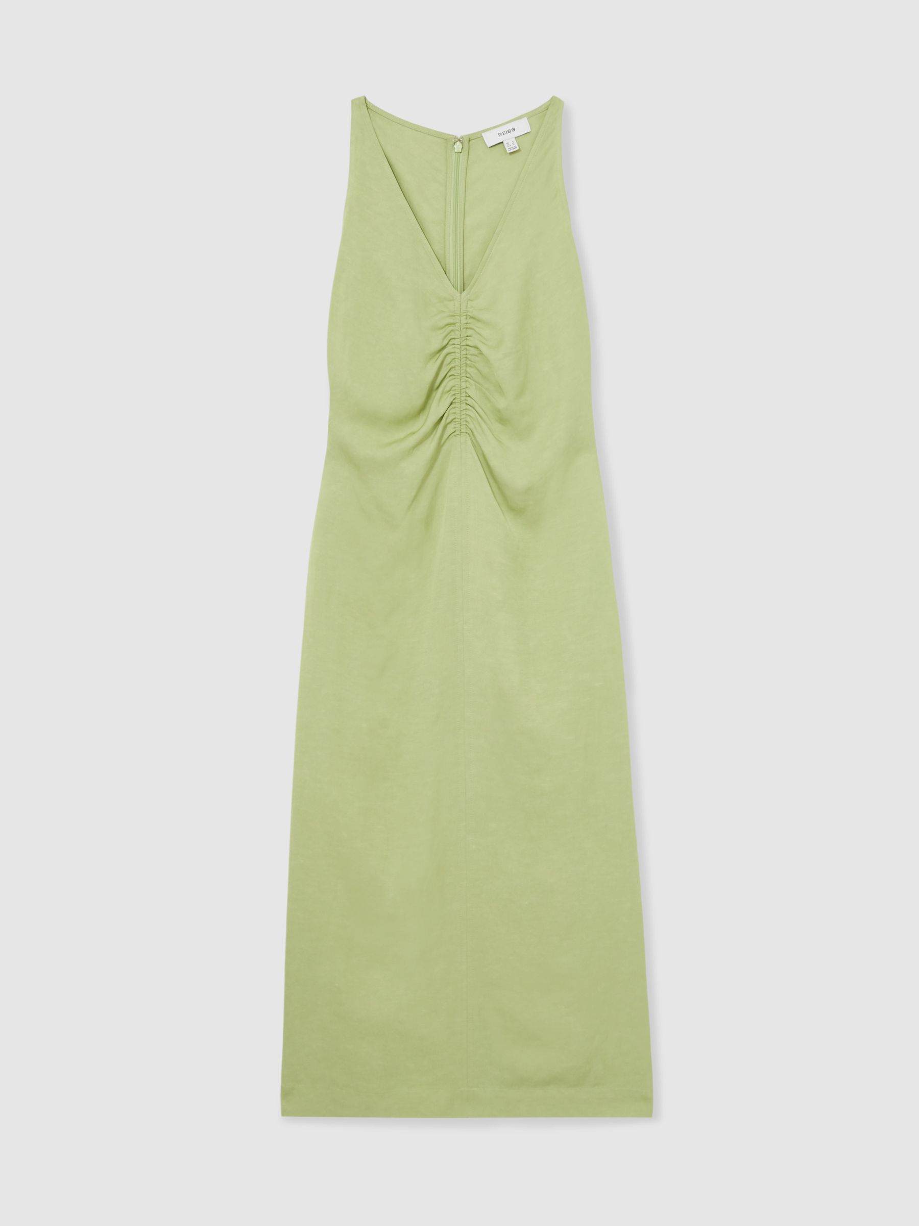 Reiss Ruched Sleeveless Midi Dress With Linen In Green
