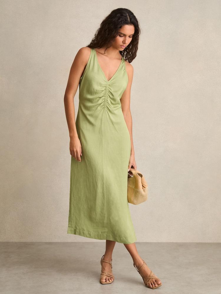 reiss Ruched Sleeveless Midi Dress With Linen in Green