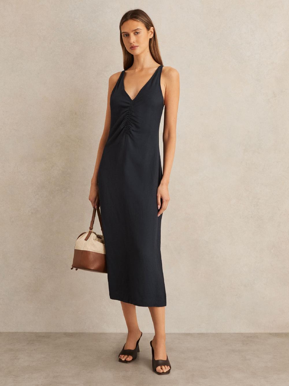 Reiss Ruched Sleeveless Midi Dress With Linen In Navy