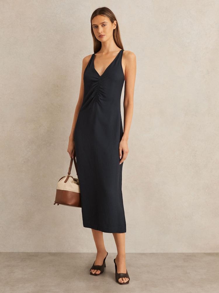 reiss Ruched Sleeveless Midi Dress With Linen in Navy