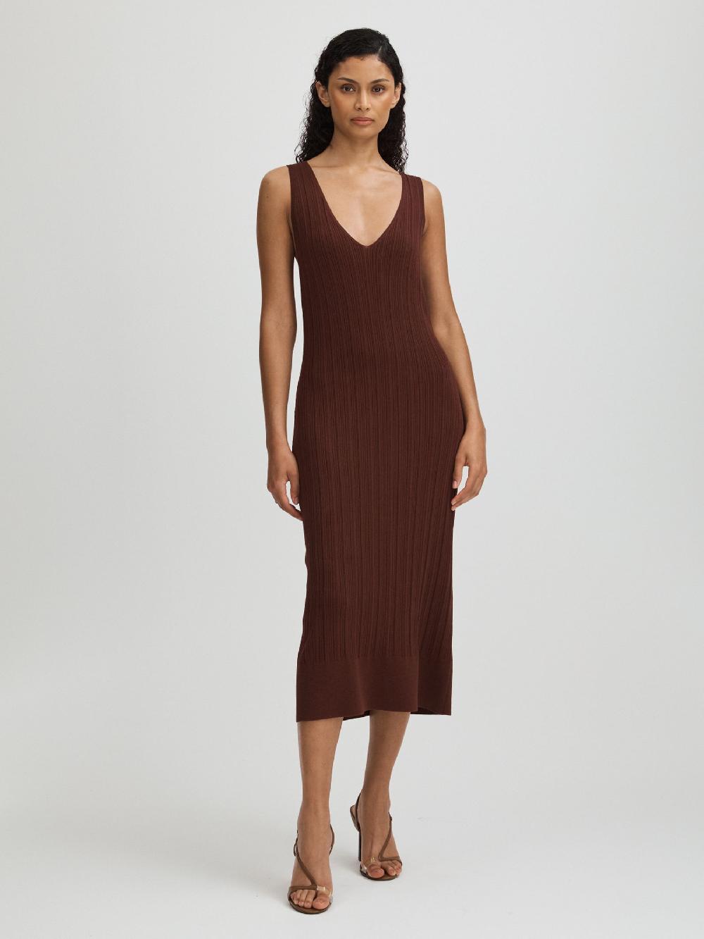 Reiss Sapphia Brown Paige Ribbed Bodycon Midi Brown Dress