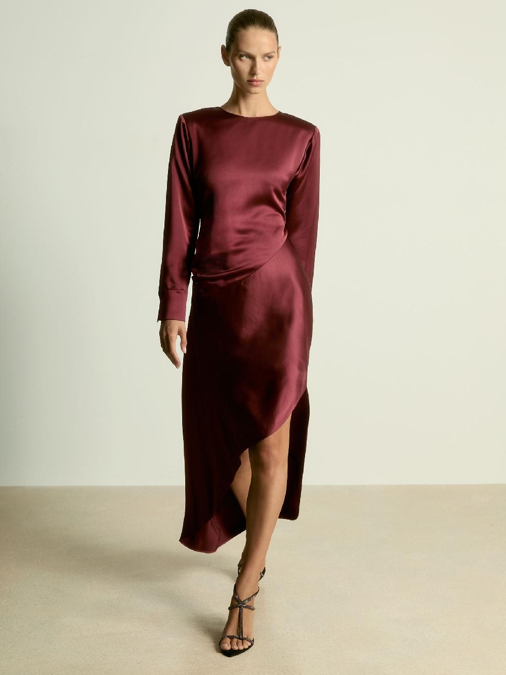 Reiss Satin Asymmetric Draped Maxi Dress In Burgundy