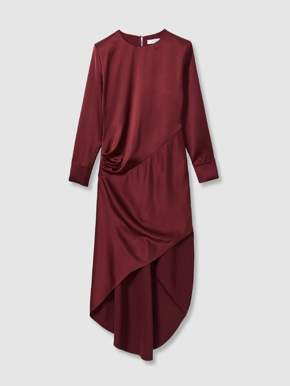 Reiss Satin Asymmetric Draped Maxi Dress In Burgundy
