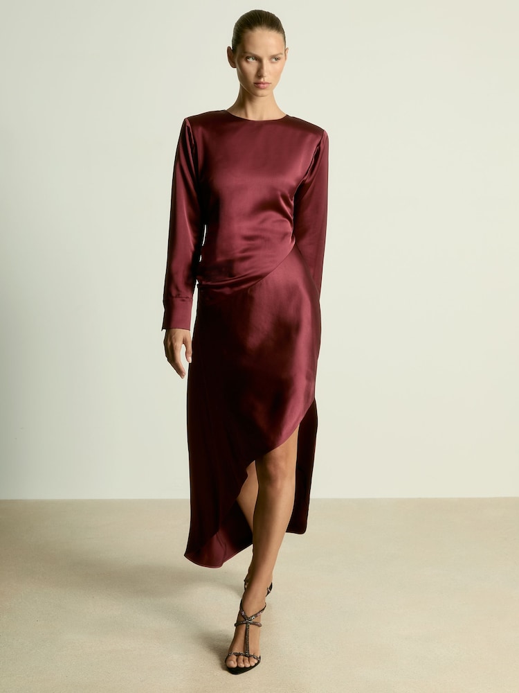 reiss Satin Asymmetric Draped Maxi Dress in Burgundy
