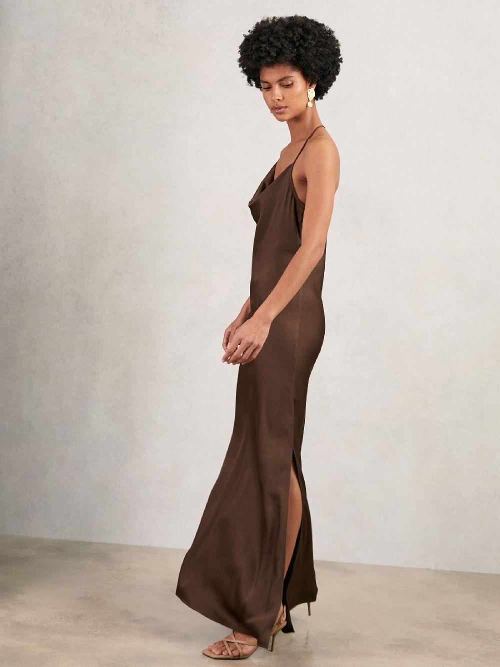Reiss Satin Cowl-Neck Slip Dress In Chocolate Brown