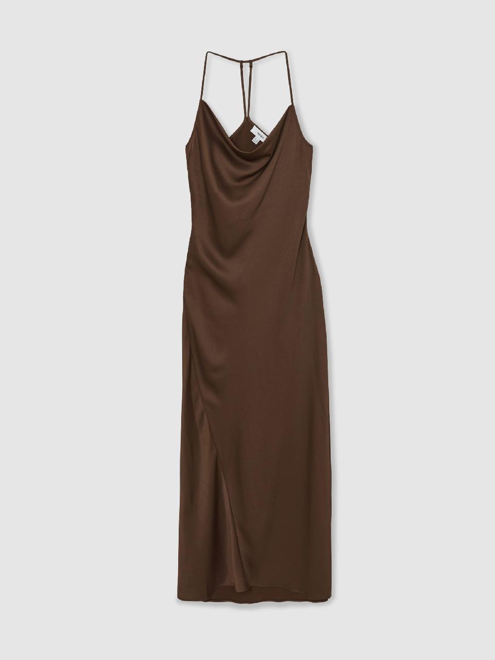 Reiss Satin Cowl-Neck Slip Dress In Chocolate Brown
