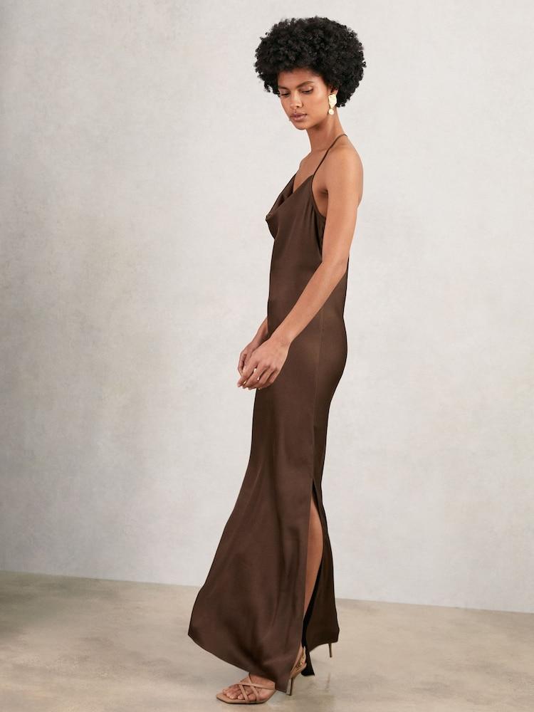 reiss Satin Cowl-Neck Slip Dress in Chocolate Brown