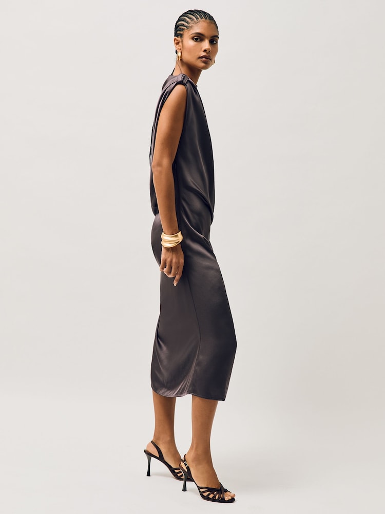 reiss Satin Cross-Strap Heeled Sandals in Chocolate