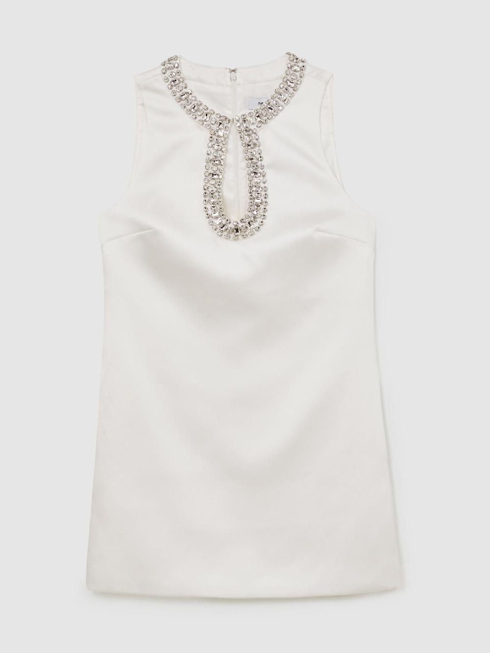 Reiss Satin Crystal-Embellished Mini Dress In Ivory