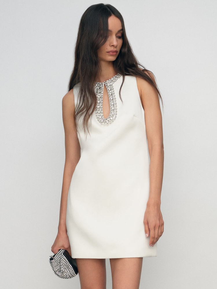 reiss Satin Crystal-Embellished Mini Dress in Ivory