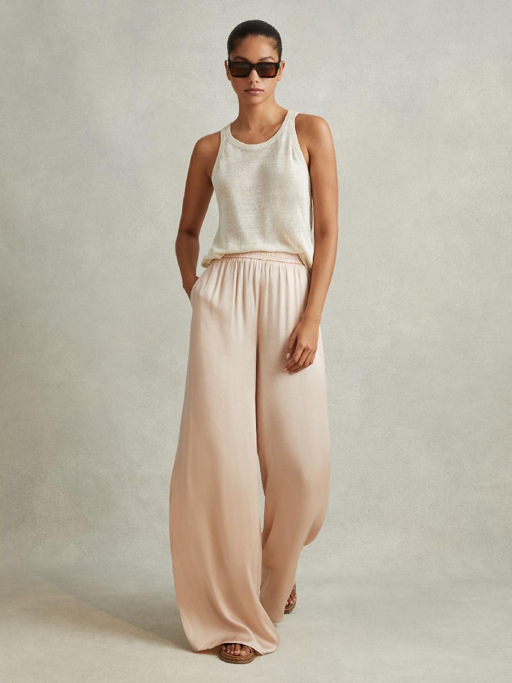 Reiss Satin Elasticated Waist Wide Leg Trousers In Champagne