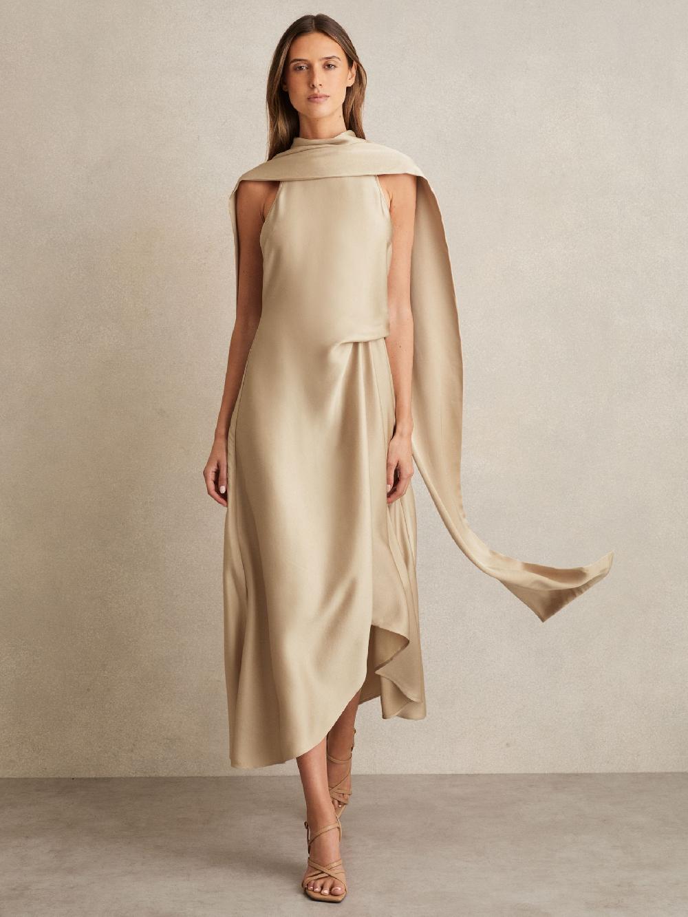 Reiss Satin Tuck-Detail Cape Midi Dress In Champagne Neutral