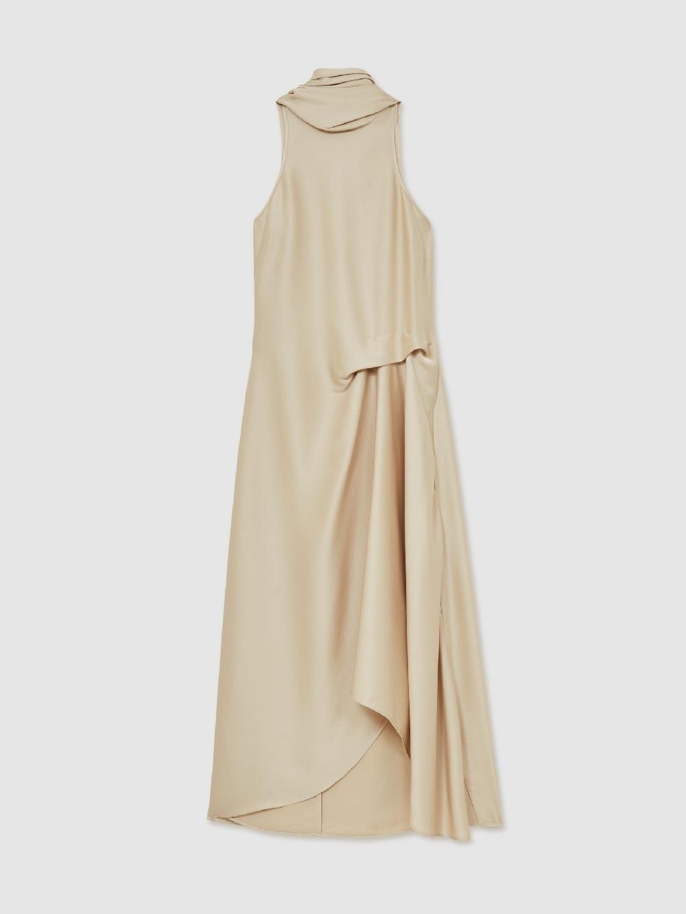 Reiss Satin Tuck-Detail Cape Midi Dress In Champagne Neutral