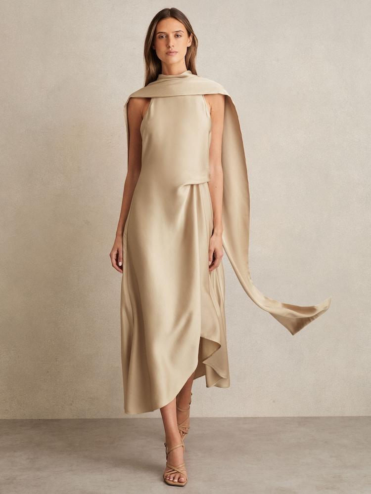 reiss Satin Tuck-Detail Cape Midi Dress in Champagne Neutral