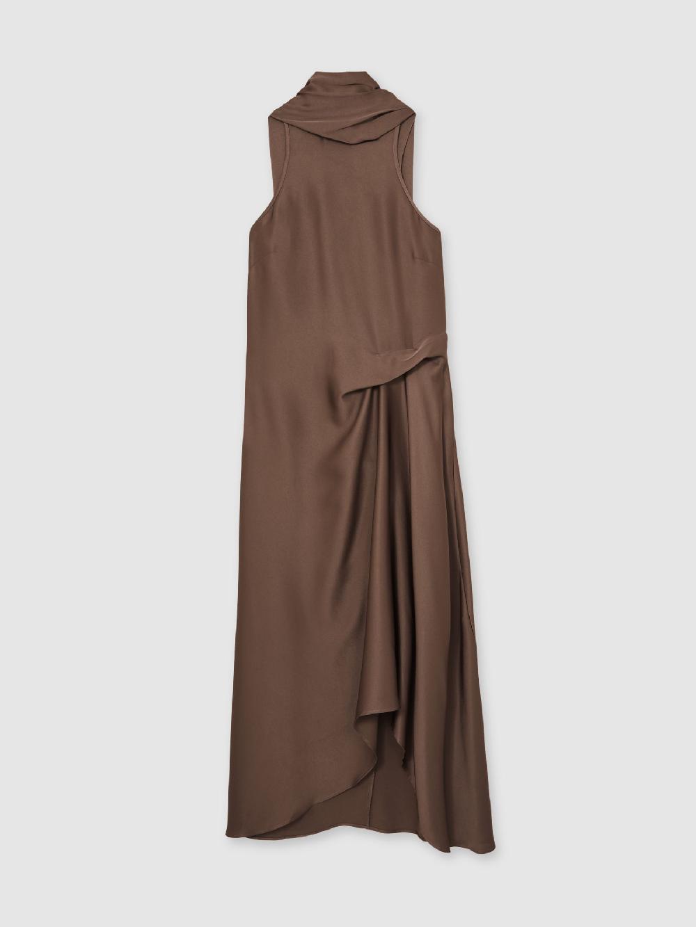Reiss Satin Tuck-Detail Cape Midi Dress In Taupe Brown