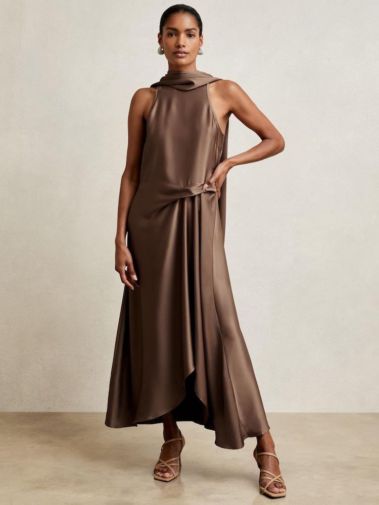 reiss Satin Tuck-Detail Cape Midi Dress in Taupe Brown