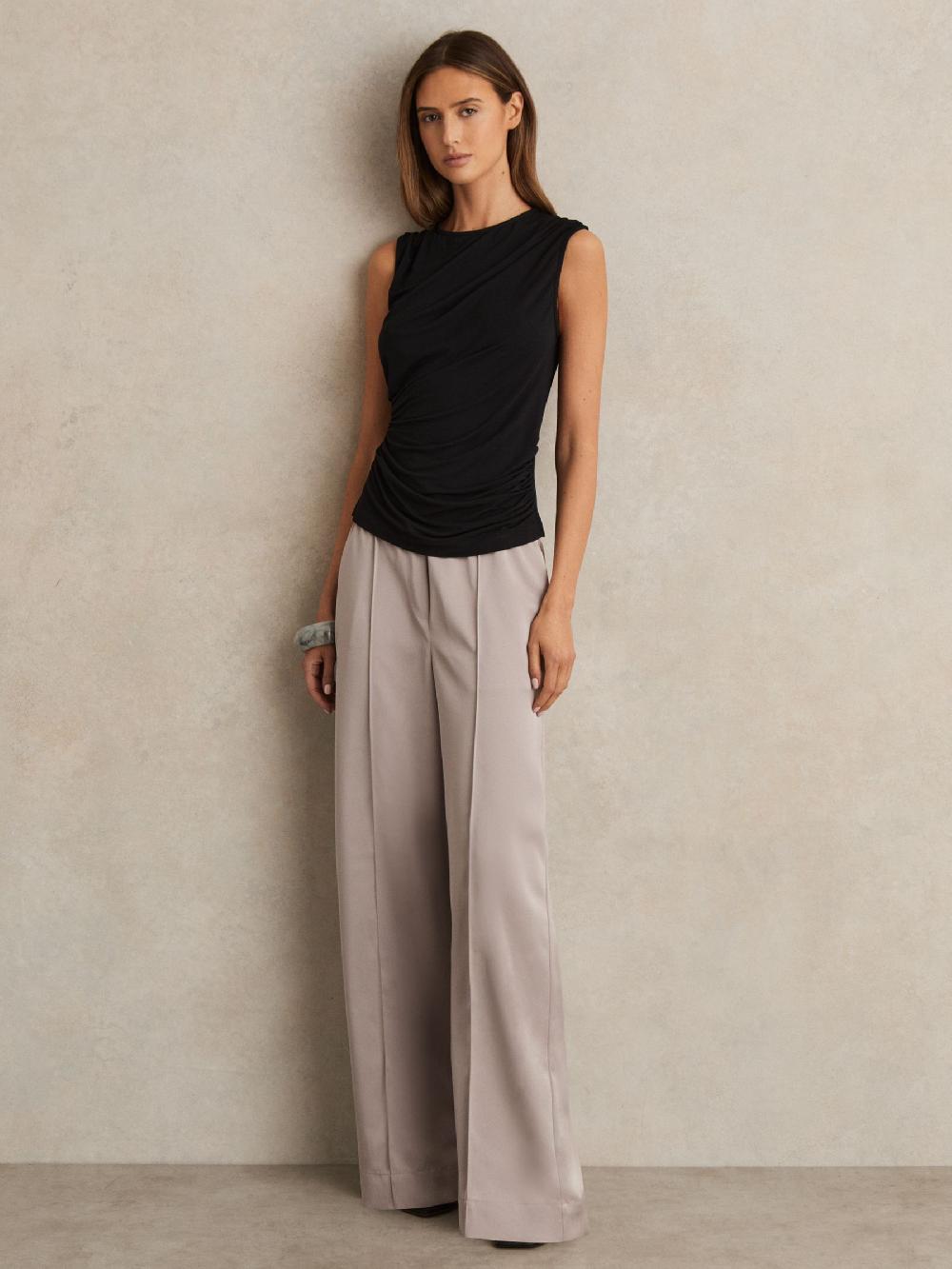 Reiss Satin Wide Leg Elastic Waist Trousers In Grey