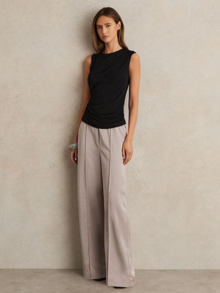reiss Satin Wide Leg Elastic Waist Trousers in Grey