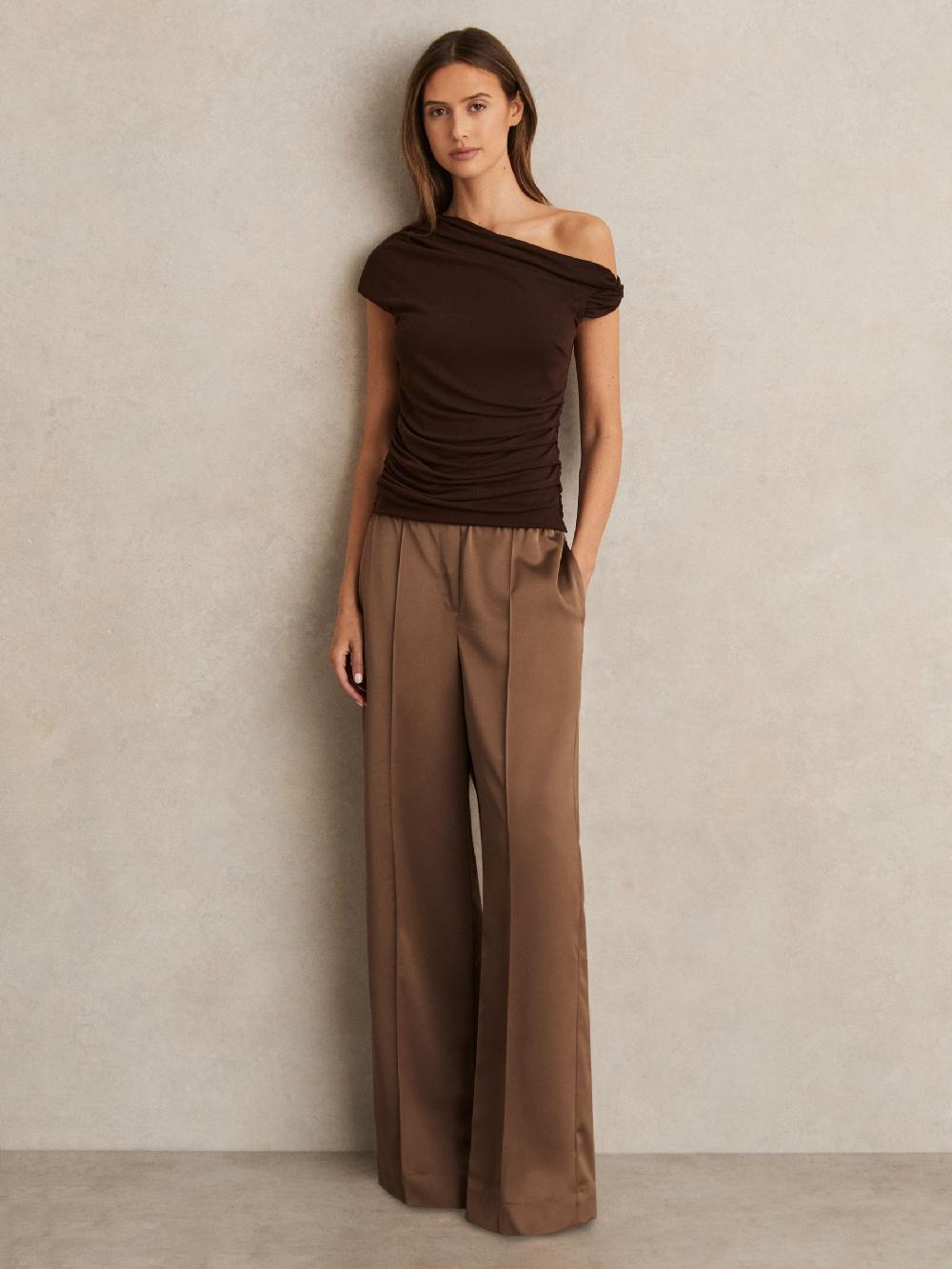 Reiss Satin Wide Leg Elastic Waist Trousers In Taupe Neutral