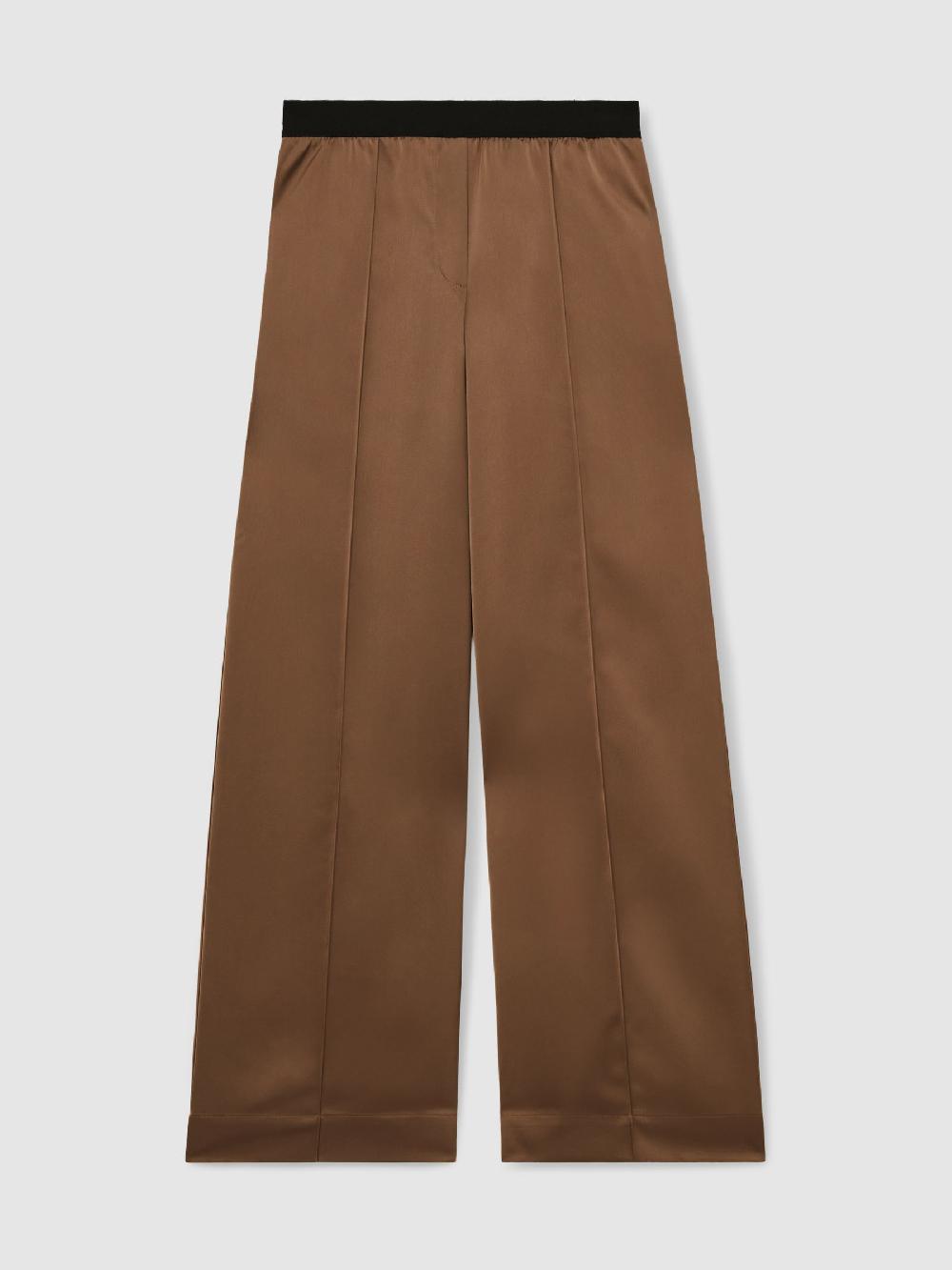 Reiss Satin Wide Leg Elastic Waist Trousers In Taupe Neutral