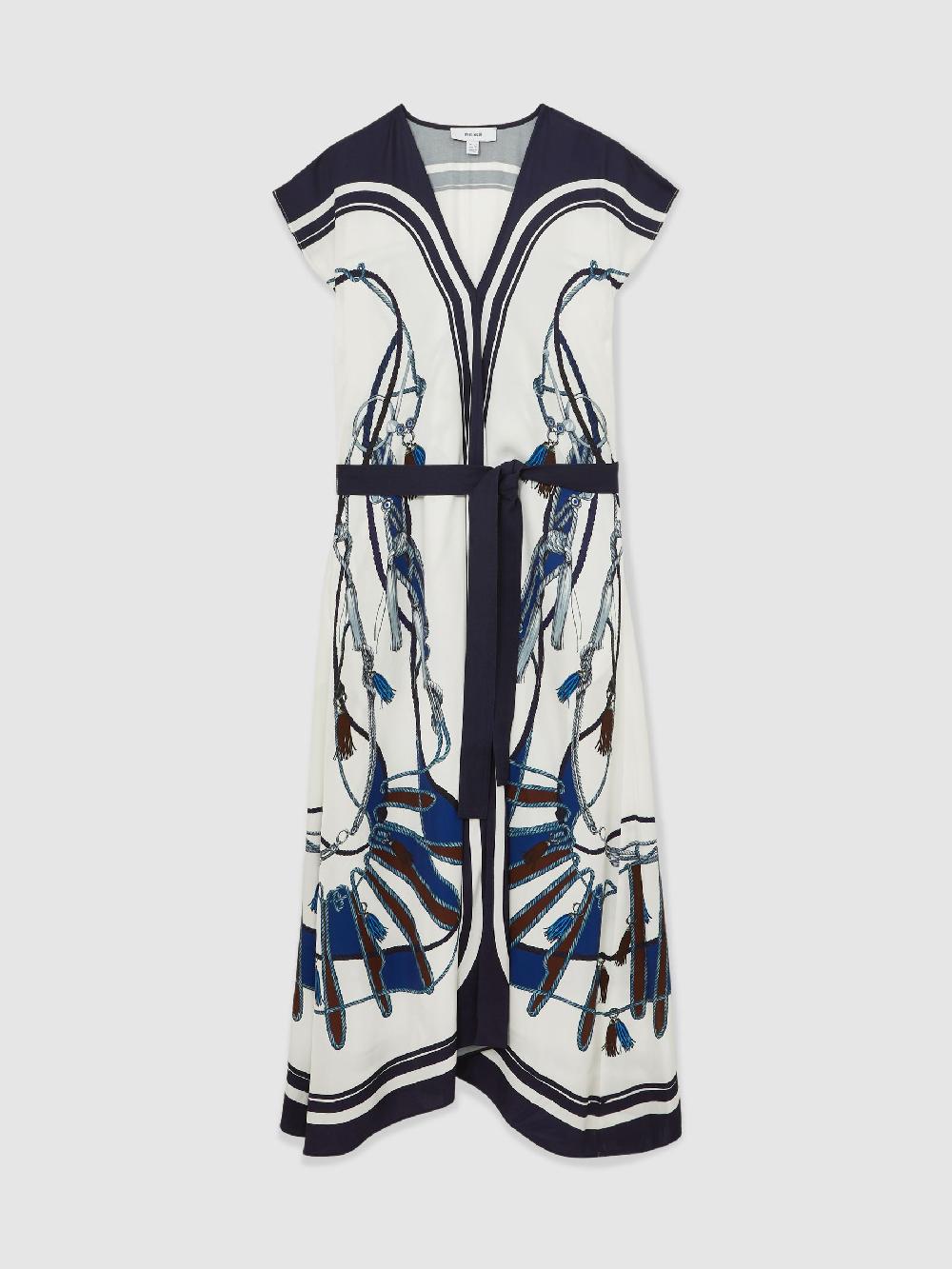 Reiss Scarf-Print V-Neck Belted Midi Dress In Blue/Brown