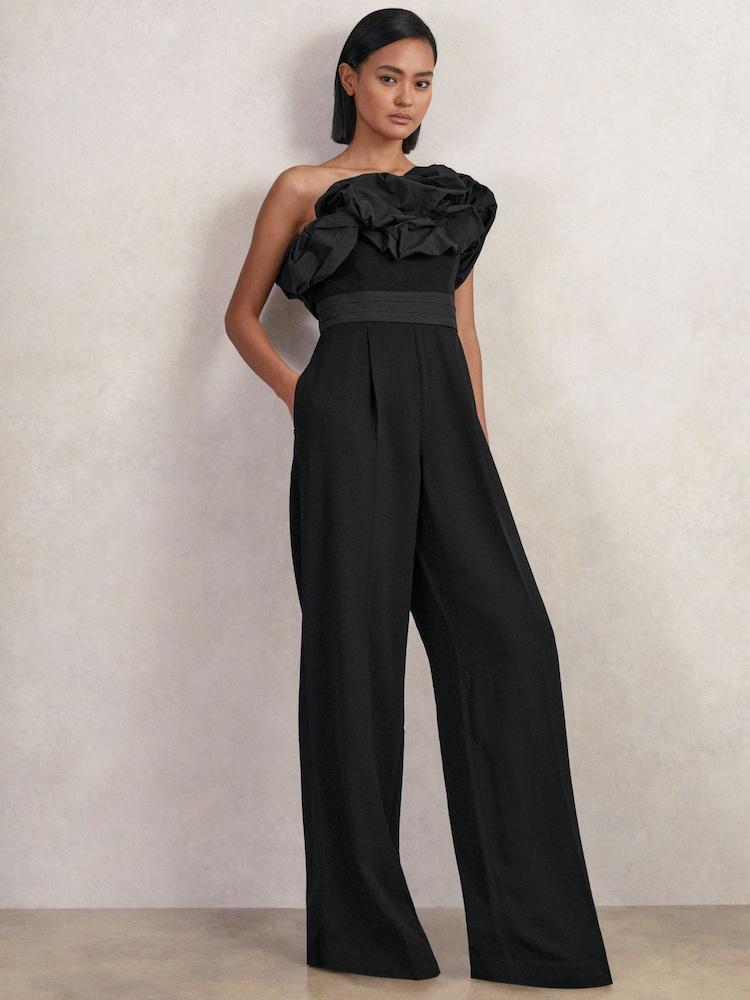 reiss Sculptural Strapless Wide-Leg Jumpsuit in Black