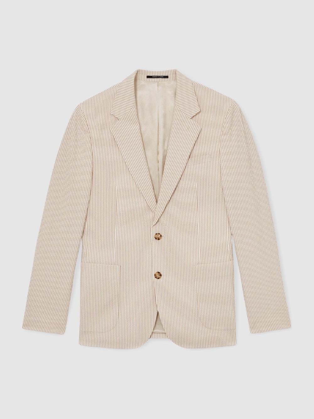 Reiss Seersucker Single-Breasted Suit Blazer Slim-Fit In Oatmeal/White