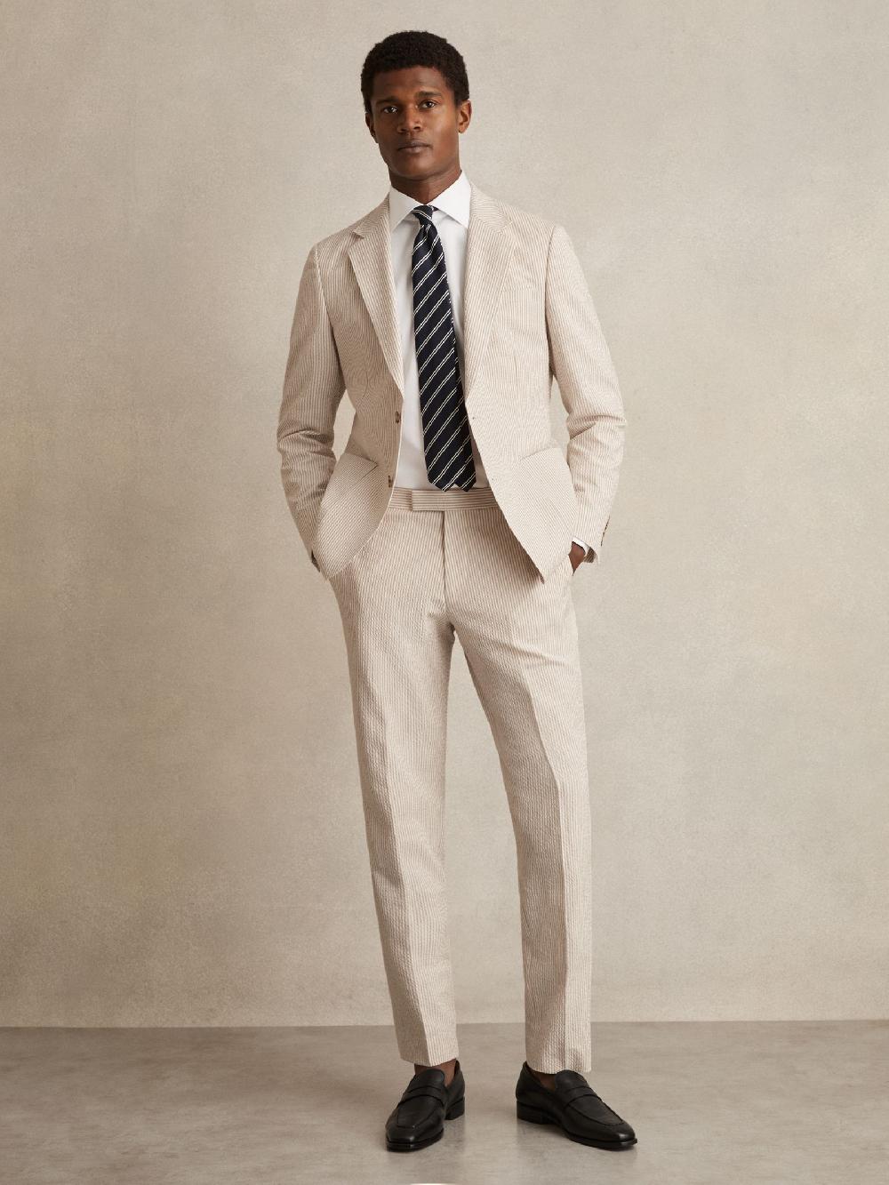 Reiss Seersucker Slim-Fit Suit Trousers In Oatmeal/White
