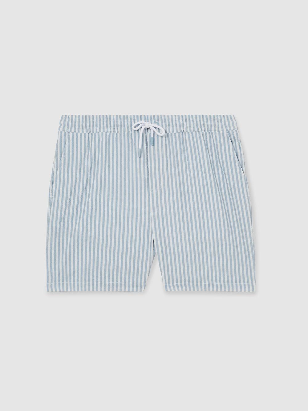 Reiss Seersucker Stripe Swim Shorts In Soft Blue/White