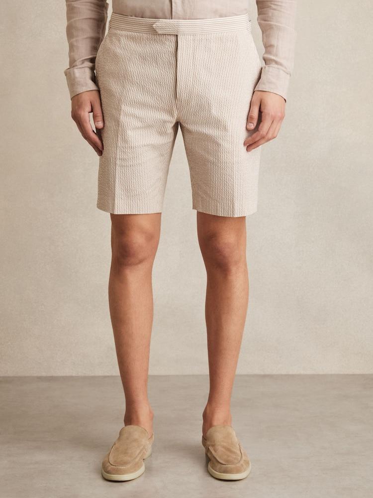 reiss Seersucker Stripe Tailored Shorts in Oatmeal/White