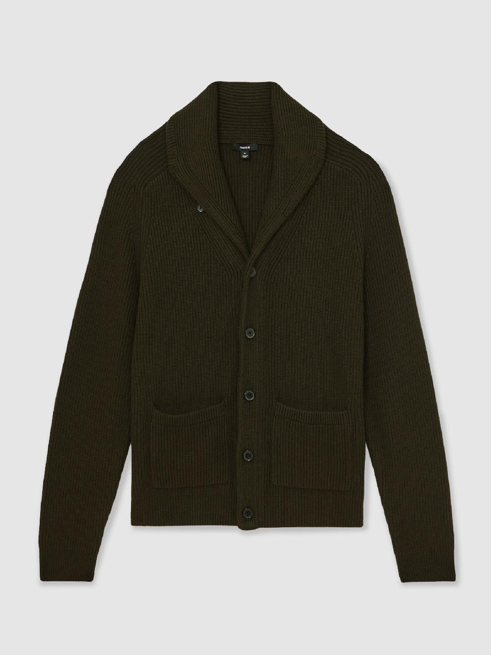 Reiss Shawl-Collar Cardigan With Wool In Dark Olive Green