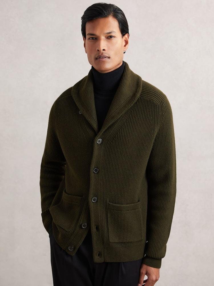 reiss Shawl-Collar Cardigan With Wool in Dark Olive Green