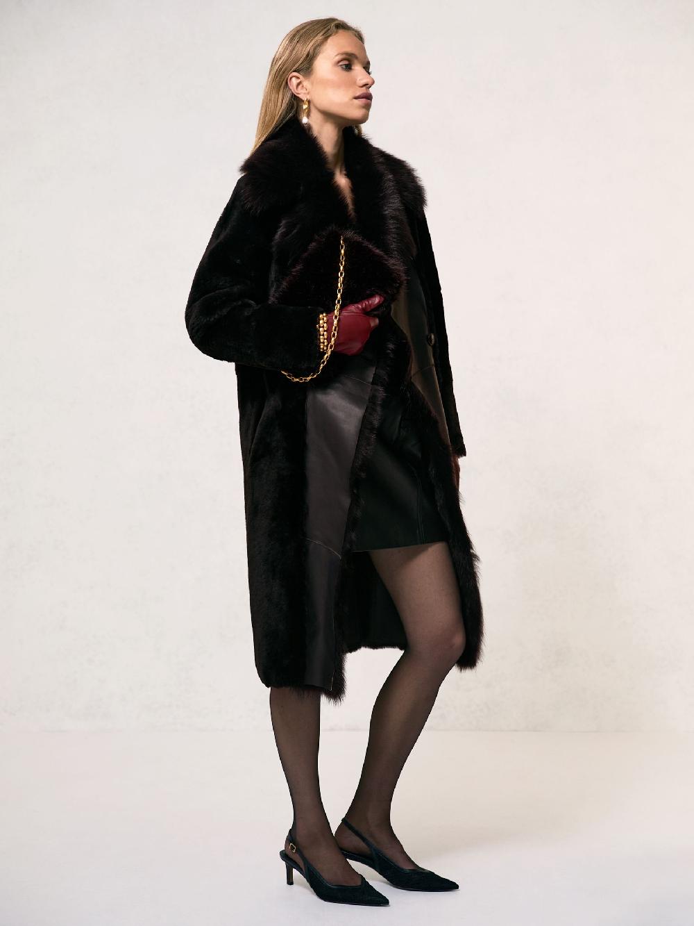 Reiss Shearling And Leather Coat In Chocolate Brown