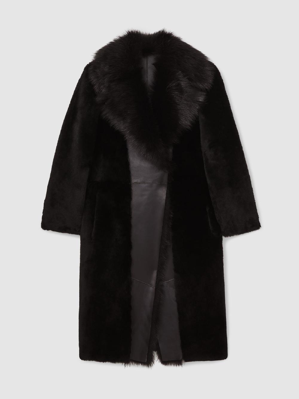 Reiss Shearling And Leather Coat In Chocolate Brown