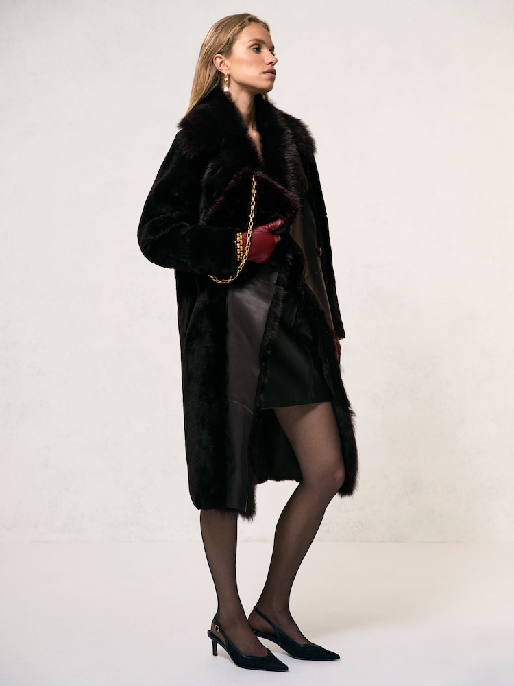 reiss Shearling And Leather Coat in Chocolate Brown