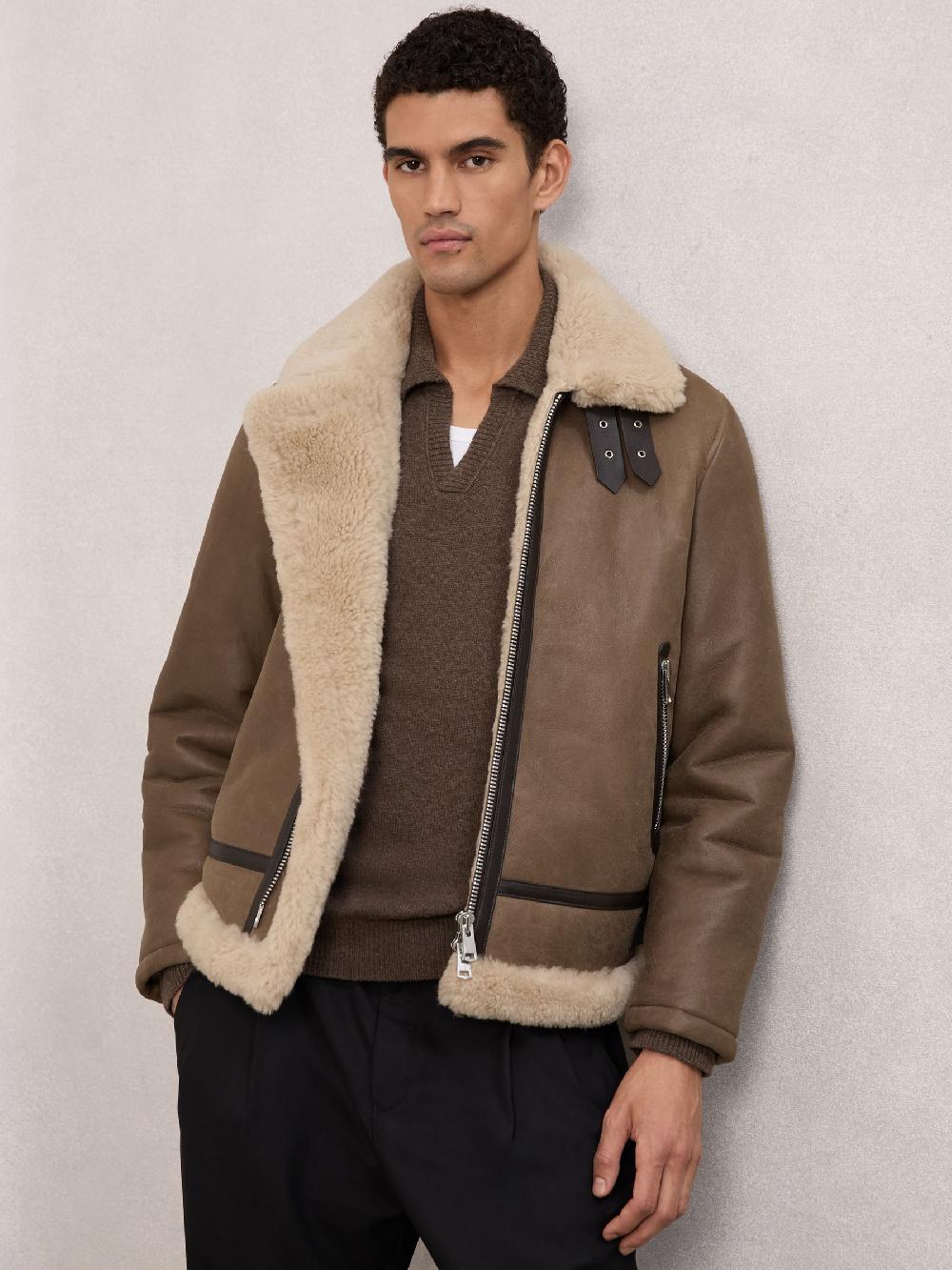 Reiss Shearling-Collar Leather Jacket In Light Brown