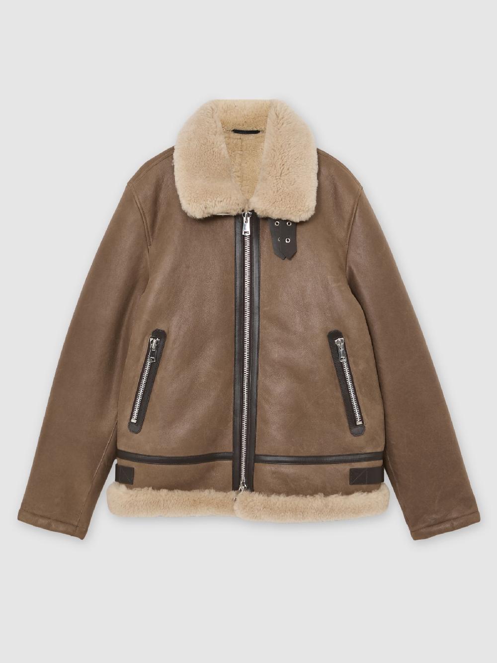Reiss Shearling-Collar Leather Jacket In Light Brown