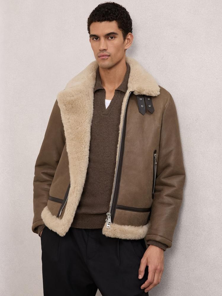 reiss Shearling-Collar Leather Jacket in Light Brown