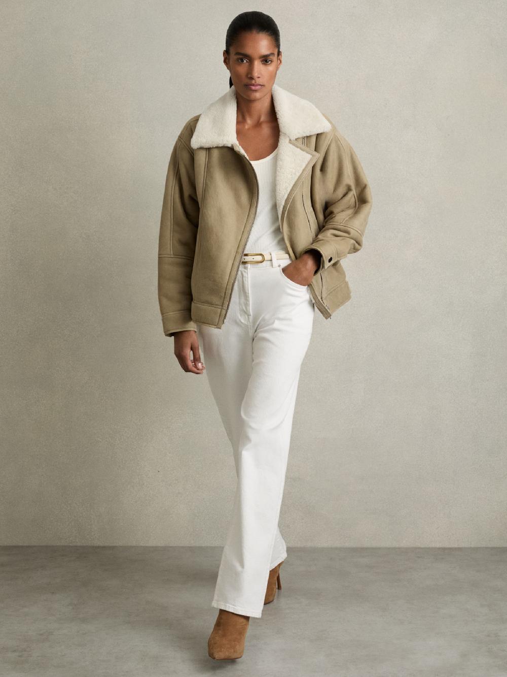 Reiss Shearling-Lined Leather Aviator Jacket In Light Green