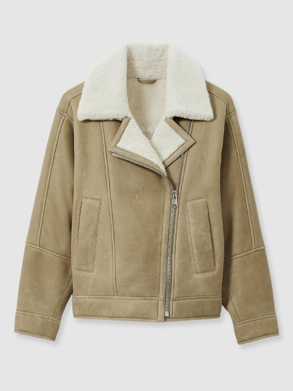Reiss Shearling-Lined Leather Aviator Jacket In Light Green