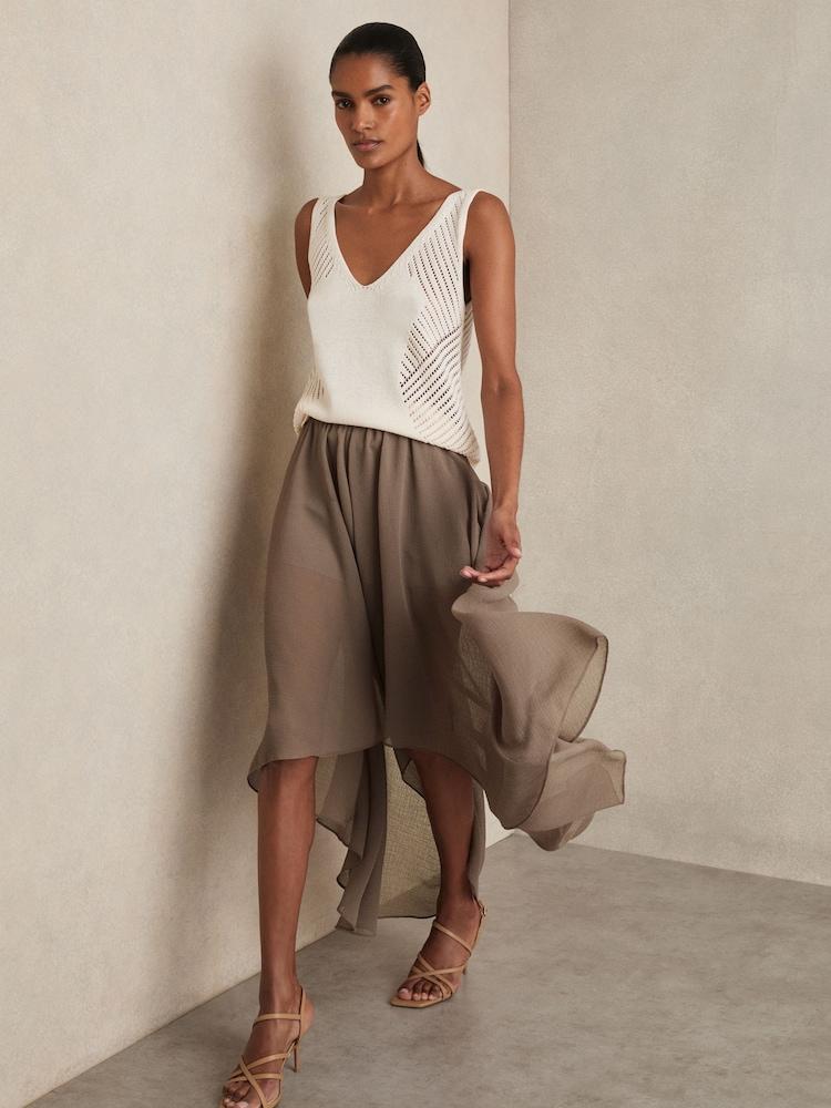 reiss Sheer-Overlay High-Low Shorts in Mink Neutral